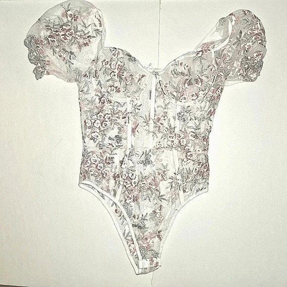 Lace Mesh Floral Puff Sleeve Corset Bodysuit - Picture 2 of 6